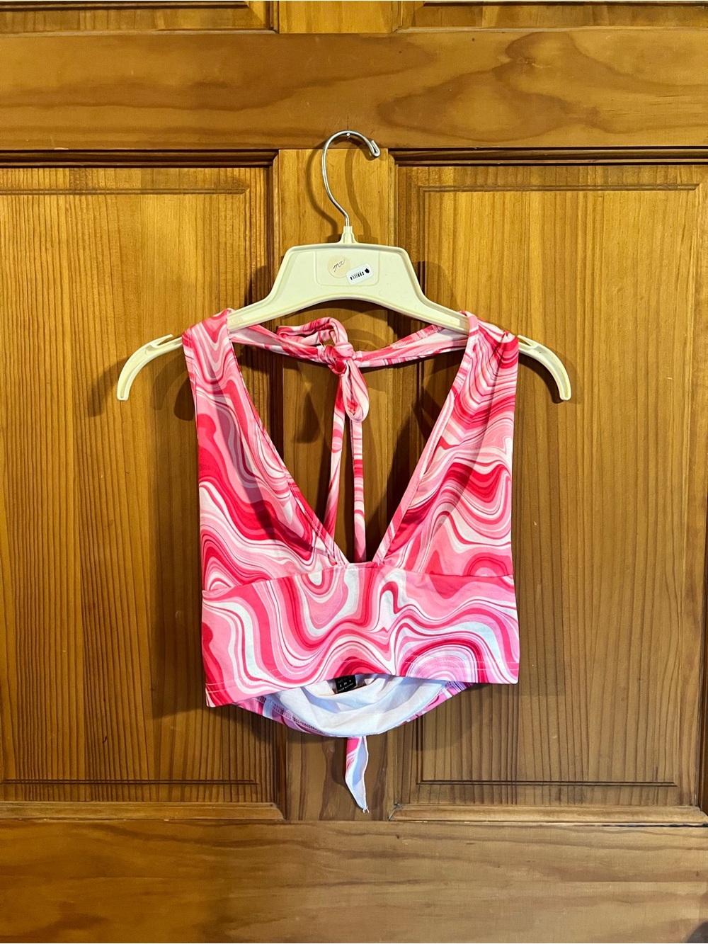 SHEIN Pink Swirl V-Neck Tie-Back Crop Tank